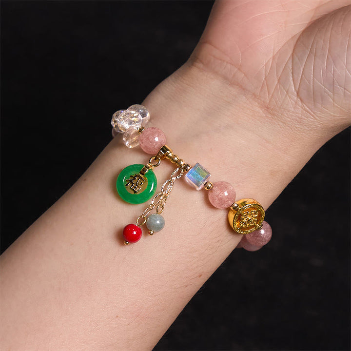 Buddha Stones ストロベリークォーツ＆翡翠 福チャーム付き ヒーリングブレスレット