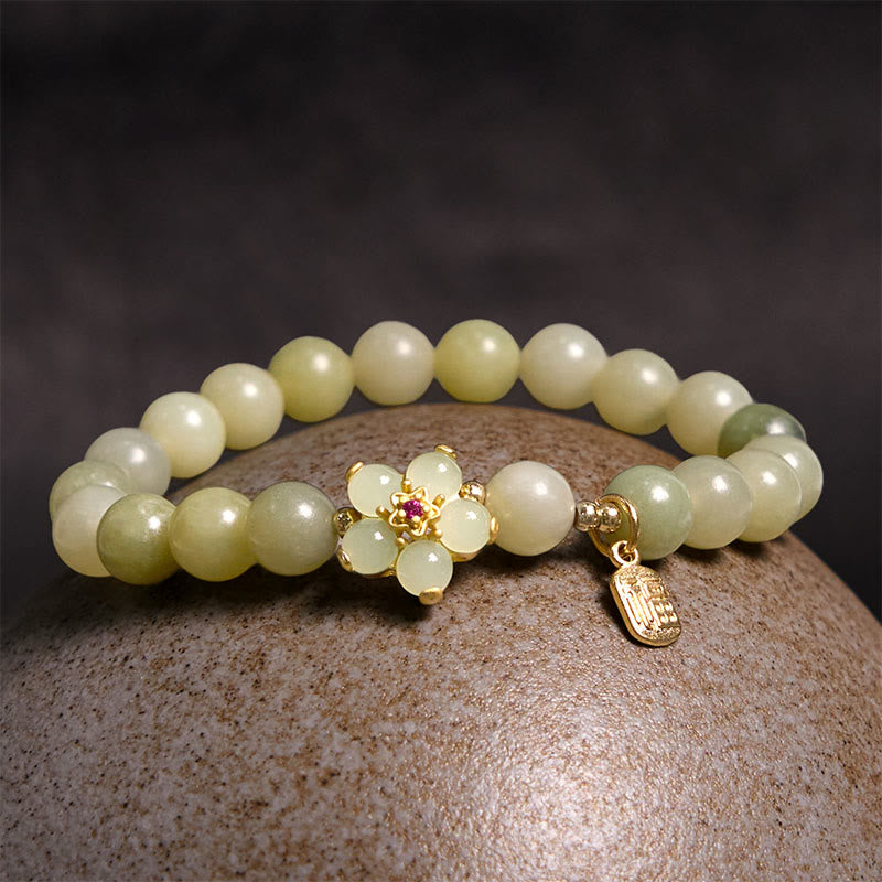 Buddha Stones 緑翡翠 花モチーフ 福チャーム 幸運 ブレスレット