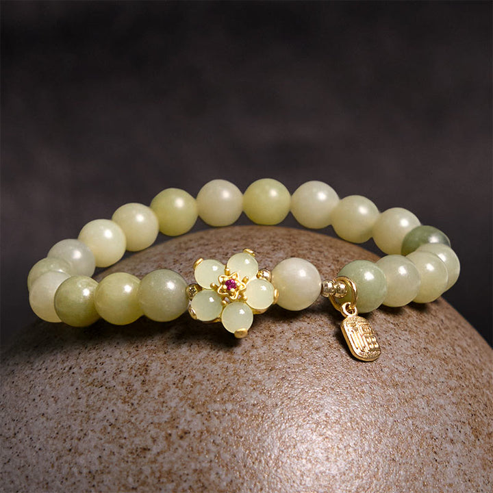 Buddha Stones 緑翡翠 花モチーフ 福チャーム 幸運 ブレスレット