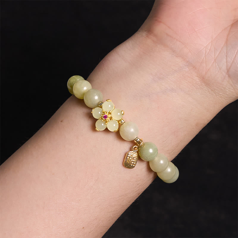 Buddha Stones 緑翡翠 花モチーフ 福チャーム 幸運 ブレスレット