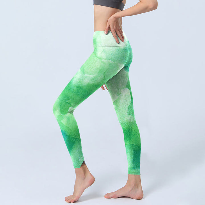 Buddha Stonesグリーン インクウォッシュ柄 ジムレギンス レディース ヨガパンツ - image 3
