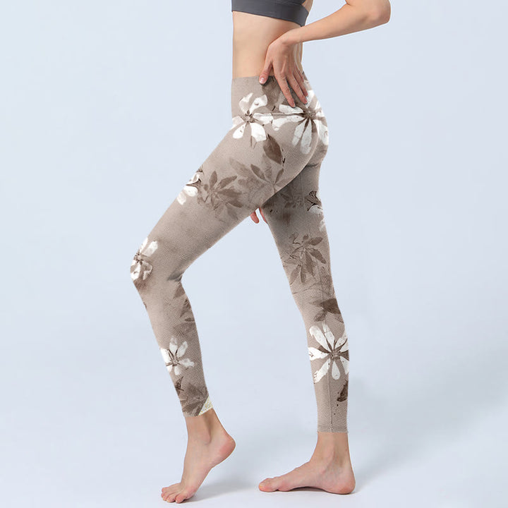 Buddha Stonesホワイト ブラウン 花柄 ジムレギンス レディース ヨガパンツ - image 3