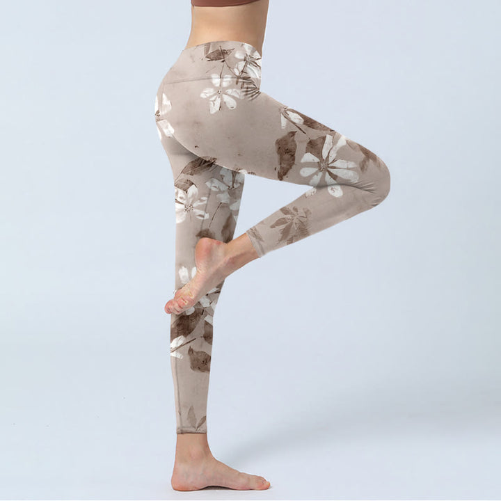 Buddha Stonesホワイト ブラウン 花柄 ジムレギンス レディース ヨガパンツ - image 4