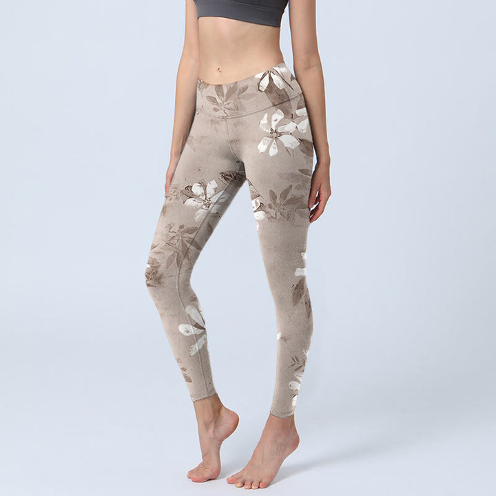 Buddha Stonesホワイト ブラウン 花柄 ジムレギンス レディース ヨガパンツ - バーリーウッド - US18、 UK/AU22、 EU50 (4XL) - image 1