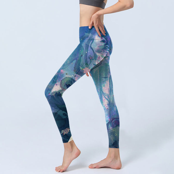 Buddha Stones、蓮の花、葉、鳥のジムレギンス、レディースヨガパンツ - image 3