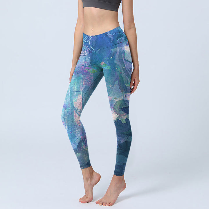 Buddha Stones、蓮の花、葉、鳥のジムレギンス、レディースヨガパンツ - ロイヤルブルー - US18、 UK/AU22、 EU50 (4XL) - image 1