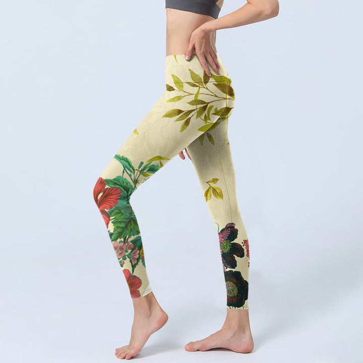 Buddha Stones、黄金の緑の葉、カラフルな花のジムレギンス、レディースヨガパンツ - image 3