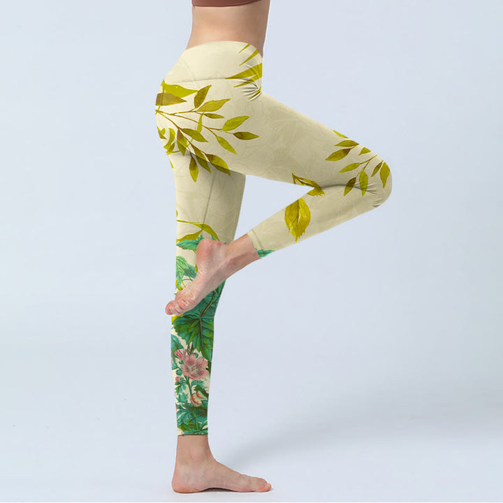 Buddha Stones、黄金の緑の葉、カラフルな花のジムレギンス、レディースヨガパンツ - image 4