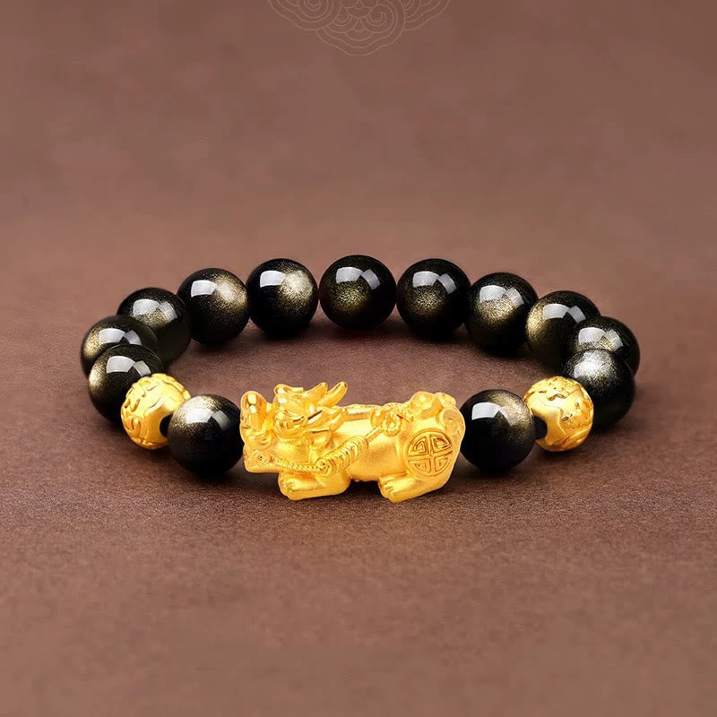 Buddha Stones天然ゴールド光沢 黒曜石 貔貅オーム・マニ・パドメ・フム開運財運ブレスレット