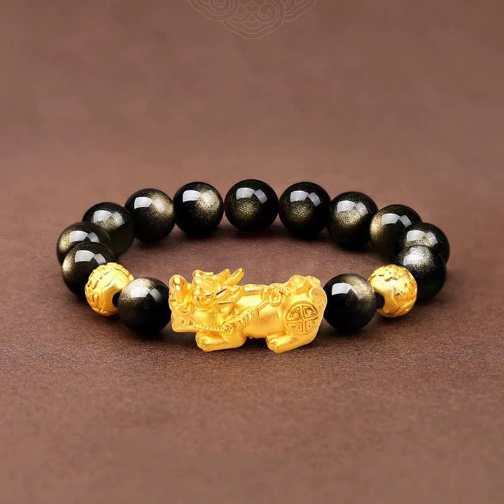 Buddha Stones天然ゴールド光沢 黒曜石 貔貅オーム・マニ・パドメ・フム開運財運ブレスレット
