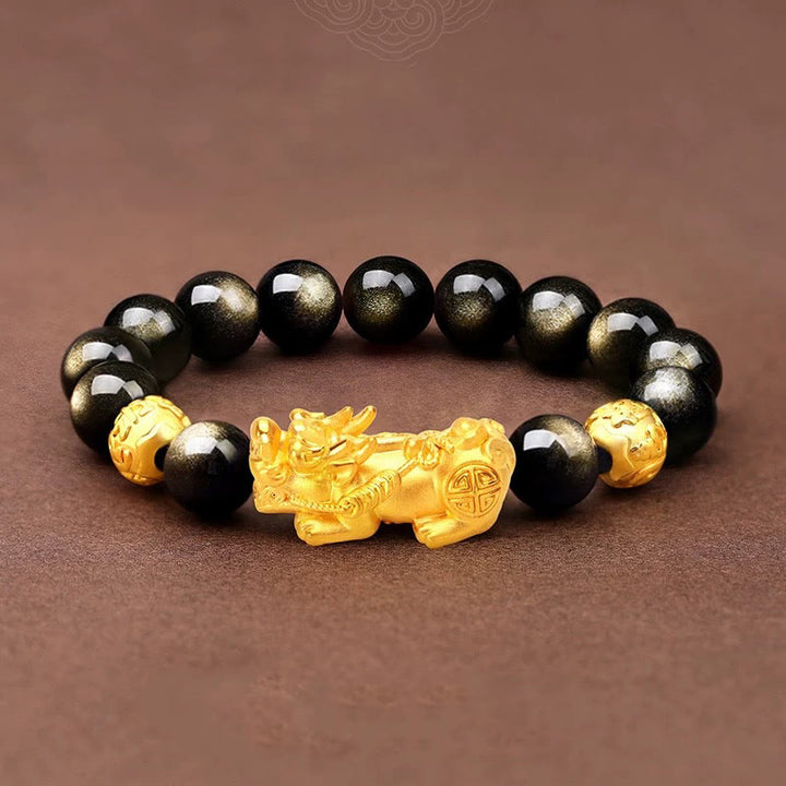 Buddha Stones天然ゴールド光沢 黒曜石 貔貅オーム・マニ・パドメ・フム開運財運ブレスレット