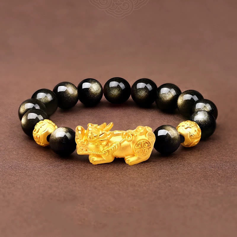 Buddha Stones天然ゴールド光沢 黒曜石 貔貅オーム・マニ・パドメ・フム開運財運ブレスレット