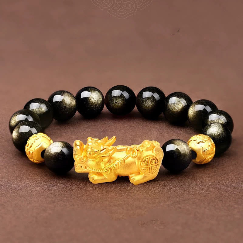 Buddha Stones天然ゴールド光沢 黒曜石 貔貅オーム・マニ・パドメ・フム開運財運ブレスレット