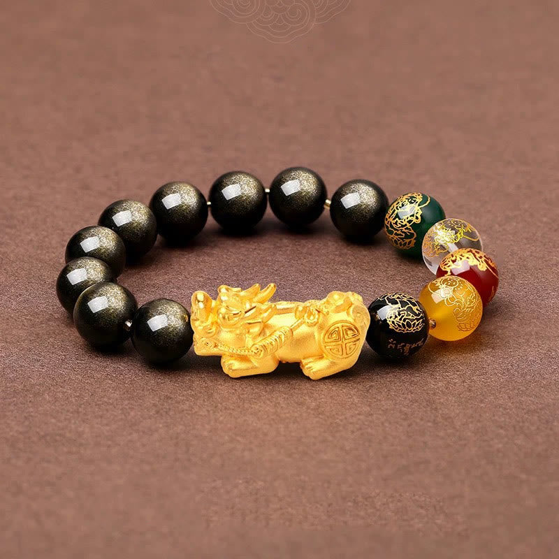 Buddha Stones天然金彩黒曜石 貔貅 五方位 富の神守護ブレスレット