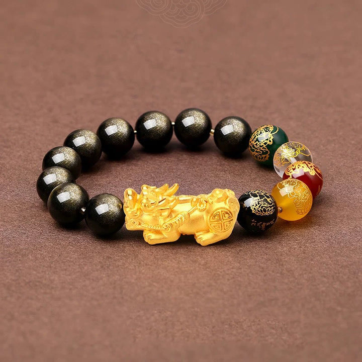 Buddha Stones天然金彩黒曜石 貔貅 五方位 富の神守護ブレスレット