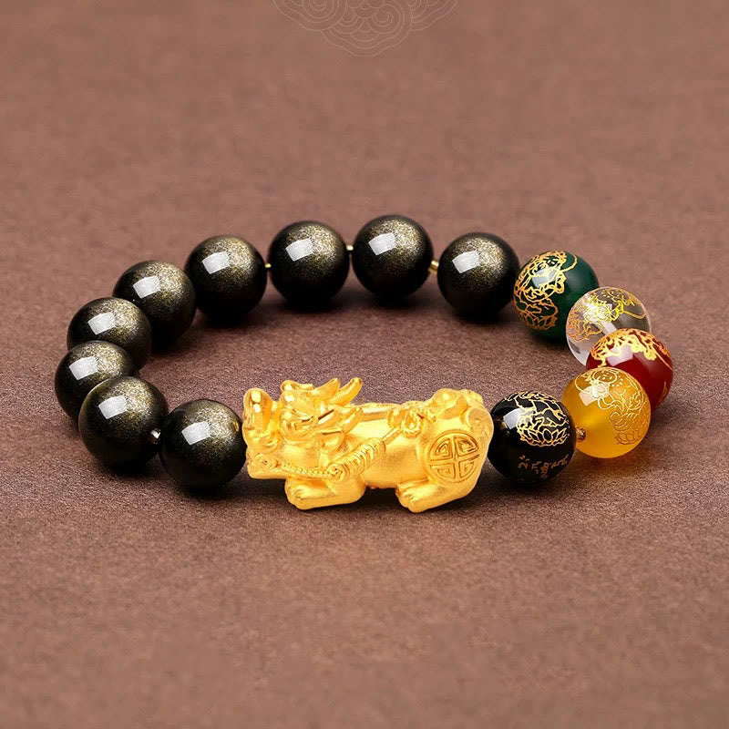 Buddha Stones天然金彩黒曜石 貔貅 五方位 富の神守護ブレスレット