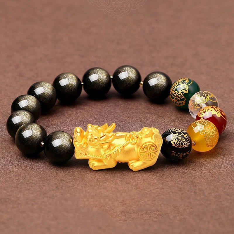 Buddha Stones天然金彩黒曜石 貔貅 五方位 富の神守護ブレスレット