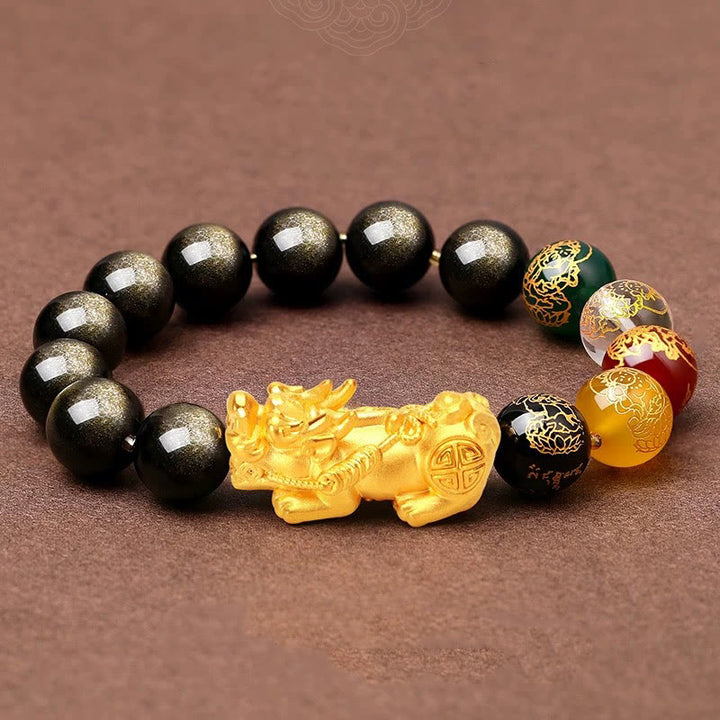 Buddha Stones天然金彩黒曜石 貔貅 五方位 富の神守護ブレスレット