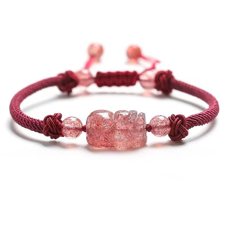 Buddha Stones天然ストロベリークォーツ 貔貅赤紐編み込み守護ブレスレット