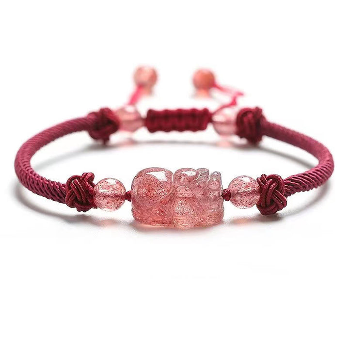 Buddha Stones天然ストロベリークォーツ 貔貅赤紐編み込み守護ブレスレット