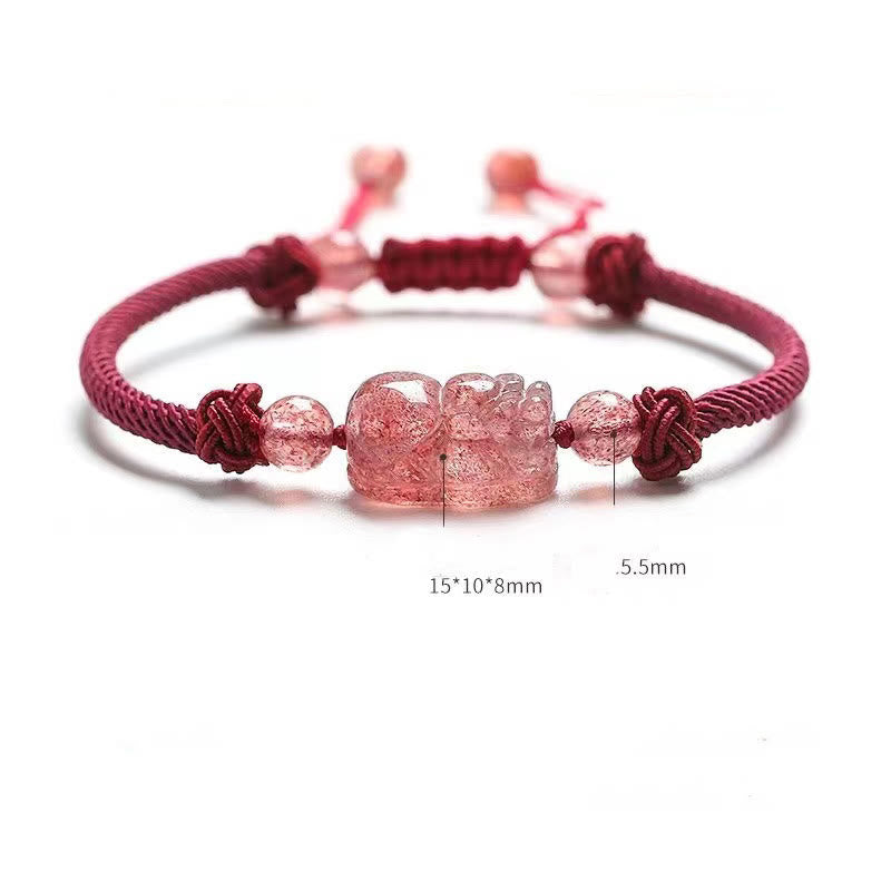 Buddha Stones天然ストロベリークォーツ 貔貅赤紐編み込み守護ブレスレット