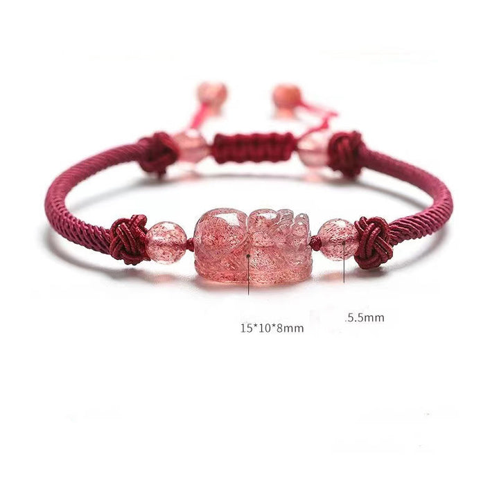 Buddha Stones天然ストロベリークォーツ 貔貅赤紐編み込み守護ブレスレット