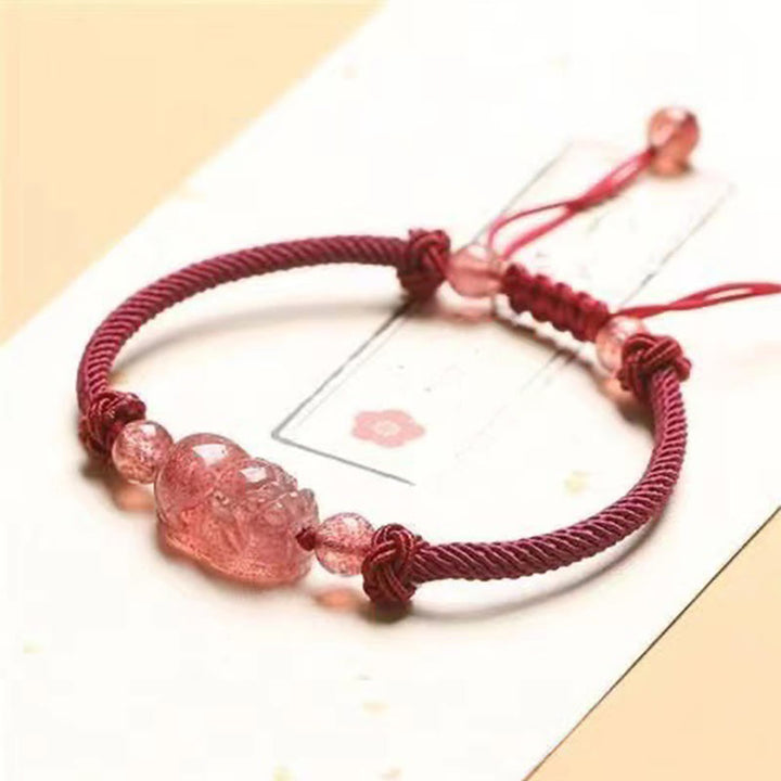 Buddha Stones天然ストロベリークォーツ 貔貅赤紐編み込み守護ブレスレット