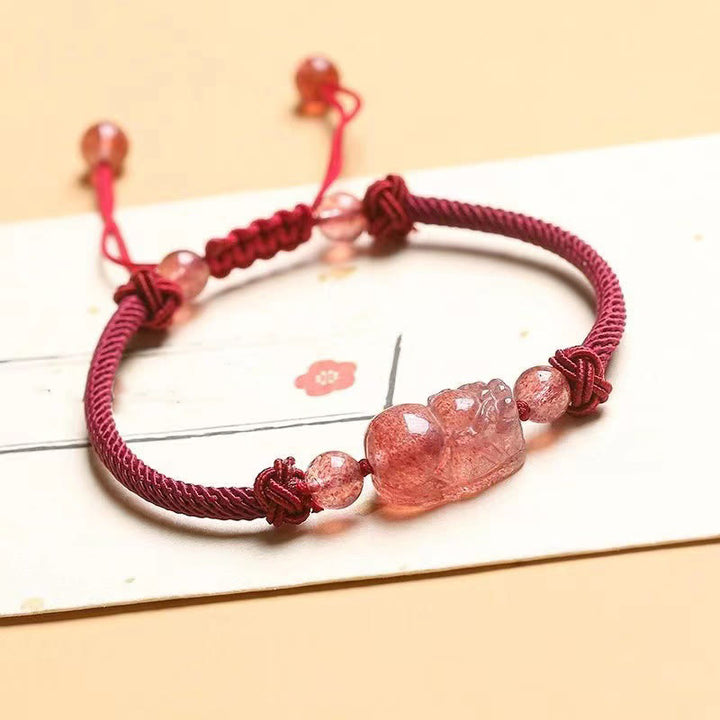 Buddha Stones天然ストロベリークォーツ 貔貅赤紐編み込み守護ブレスレット
