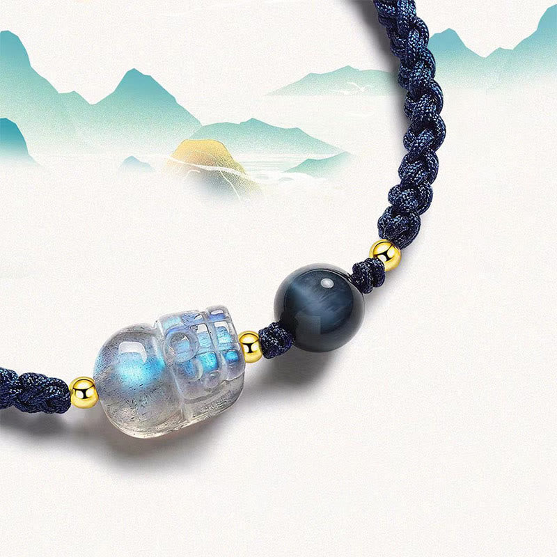 Buddha Stonesムーンストーン 貔貅 ブルータイガーアイ フーキャラクター ヒーリング カップル ストリングブレスレット