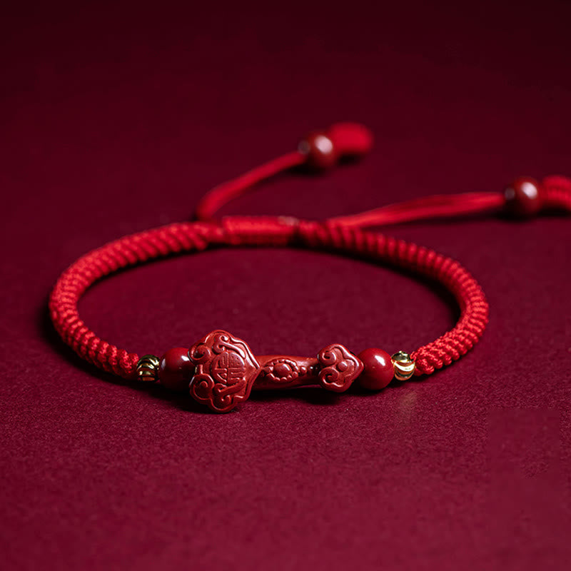 Buddha Stones手作りの辰砂如意柄福字貂の祝福の赤紐編みブレスレット