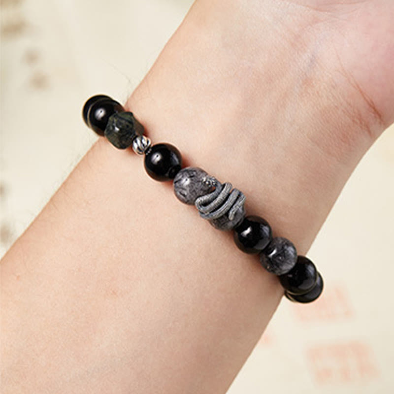 Buddha Stonesブラックオブシディアン ブラックルチルクォーツ 925スターリングシルバー 蛇年浄化ブレスレット