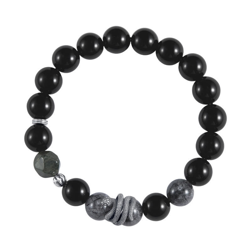 Buddha Stonesブラックオブシディアン ブラックルチルクォーツ 925スターリングシルバー 蛇年浄化ブレスレット
