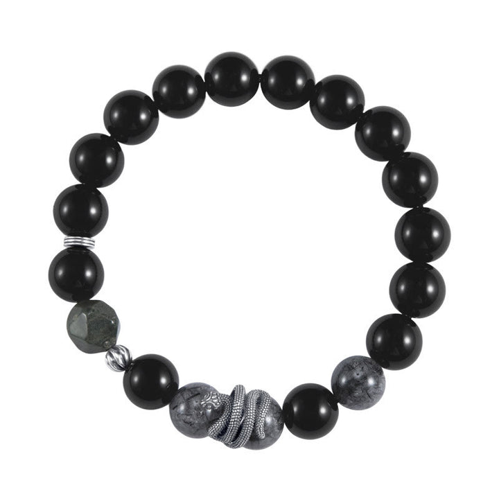 Buddha Stonesブラックオブシディアン ブラックルチルクォーツ 925スターリングシルバー 蛇年浄化ブレスレット
