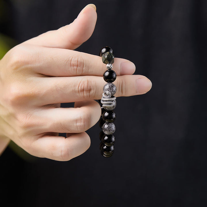 Buddha Stonesブラックオブシディアン ブラックルチルクォーツ 925スターリングシルバー 蛇年浄化ブレスレット