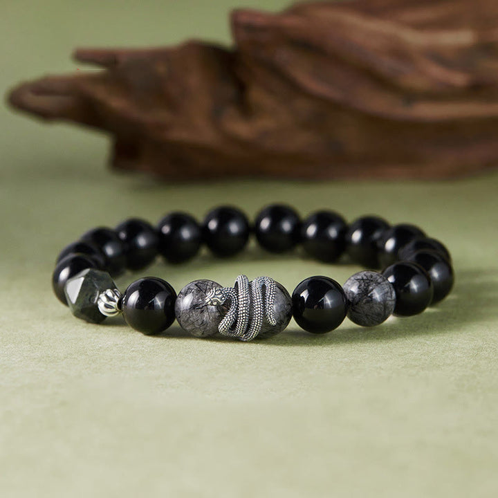 Buddha Stonesブラックオブシディアン ブラックルチルクォーツ 925スターリングシルバー 蛇年浄化ブレスレット