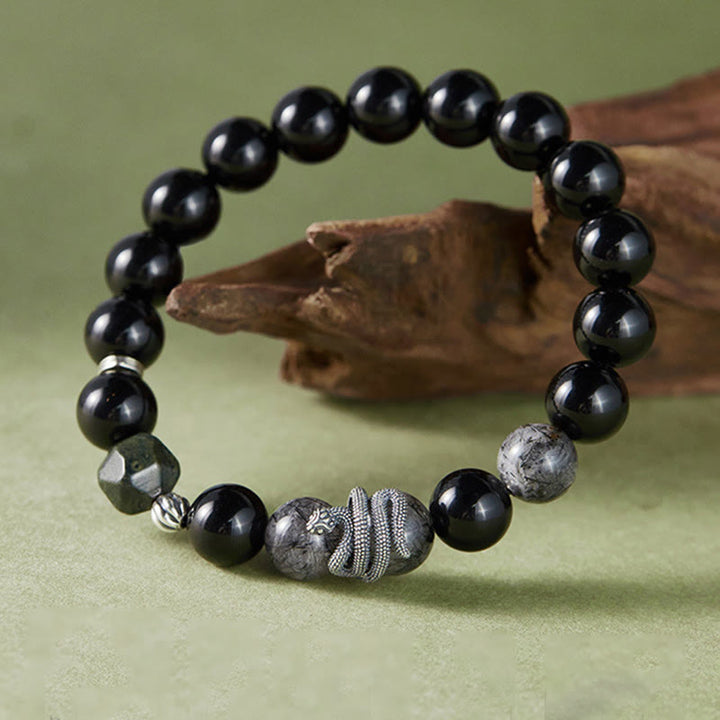 Buddha Stonesブラックオブシディアン ブラックルチルクォーツ 925スターリングシルバー 蛇年浄化ブレスレット