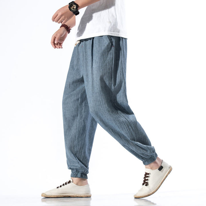 Buddha Stonesカジュアル 無地 ドローストリング リネン メンズ パンツ ポケット付き - スチールブルー - US/UK/AU46、 EU56 (5XL) - image 0