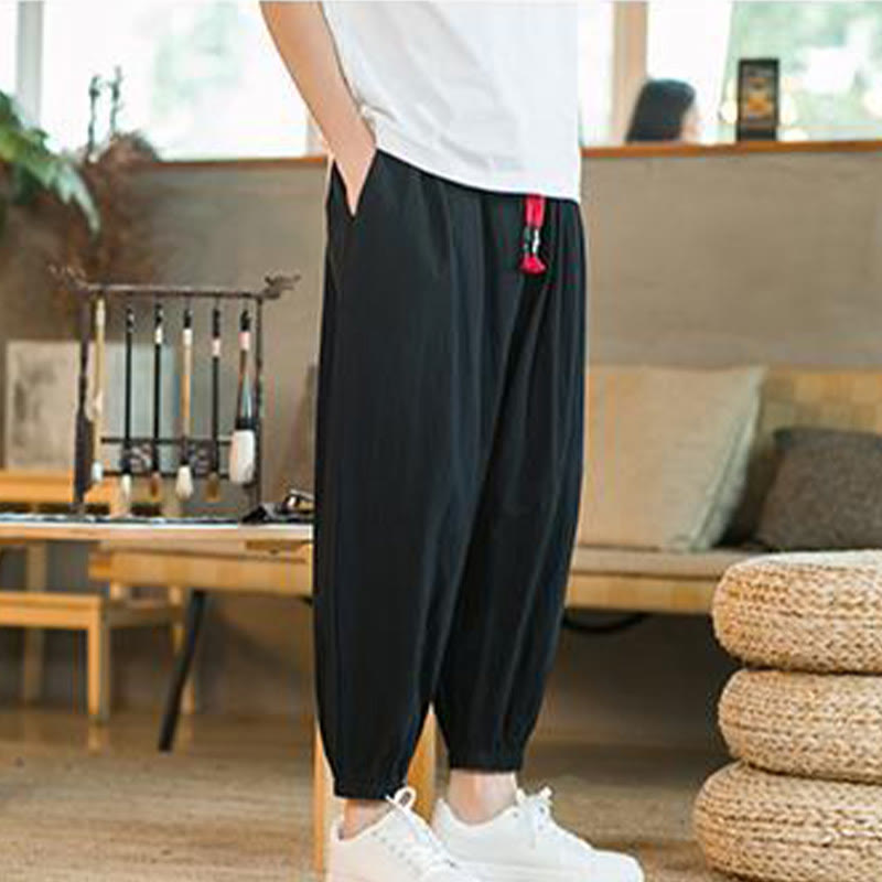 Buddha Stones無地 レッド ドローストリング リネン メンズ パンツ ポケット付き - image 18