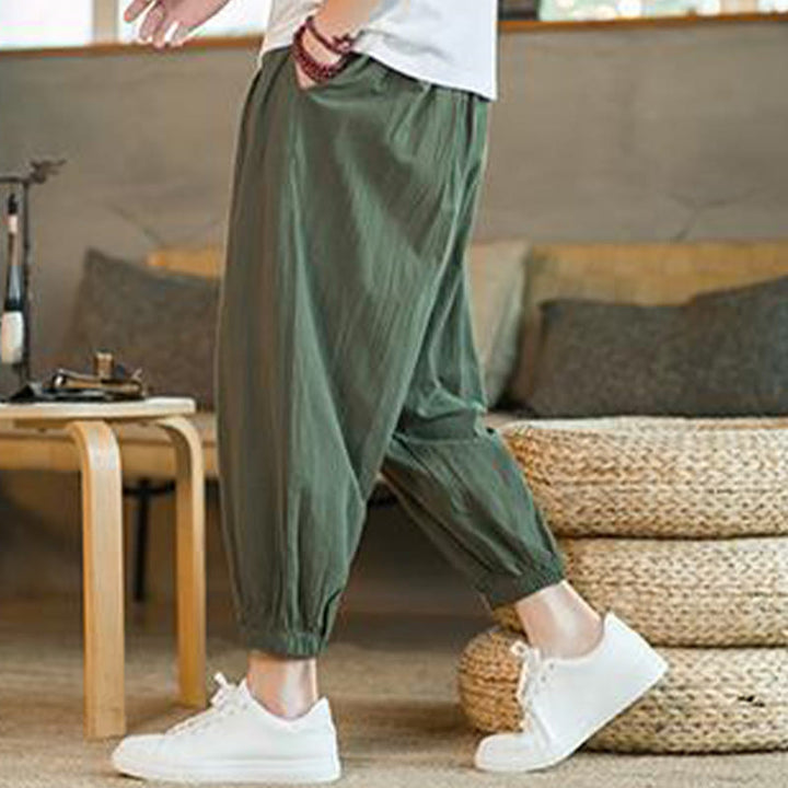 Buddha Stones無地 レッド ドローストリング リネン メンズ パンツ ポケット付き - image 8