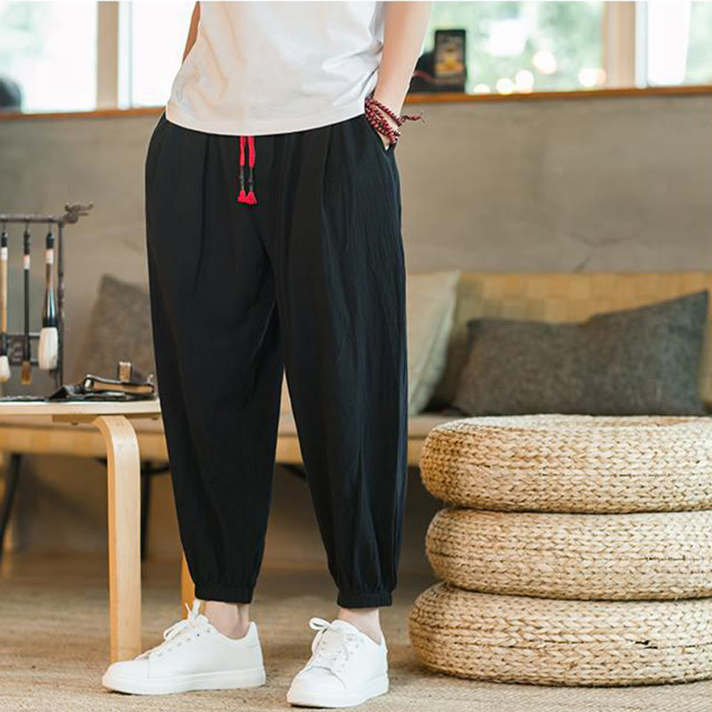Buddha Stones無地 レッド ドローストリング リネン メンズ パンツ ポケット付き - image 13