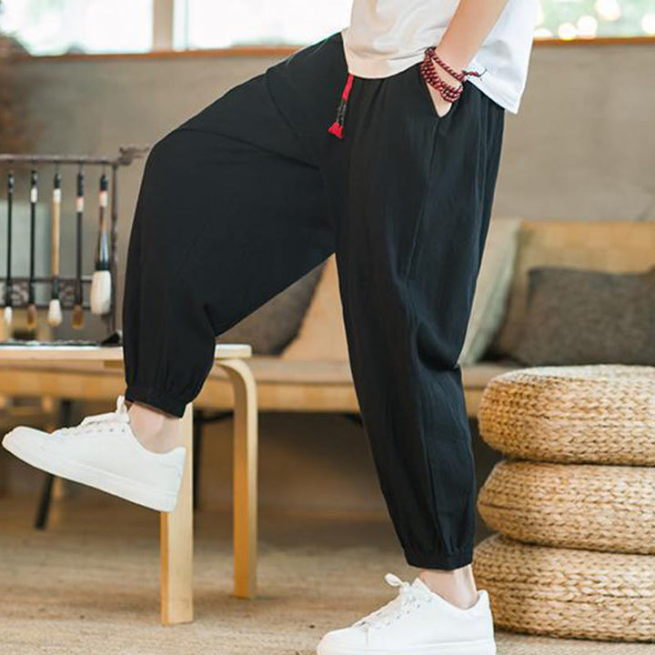 Buddha Stones無地 レッド ドローストリング リネン メンズ パンツ ポケット付き - image 15