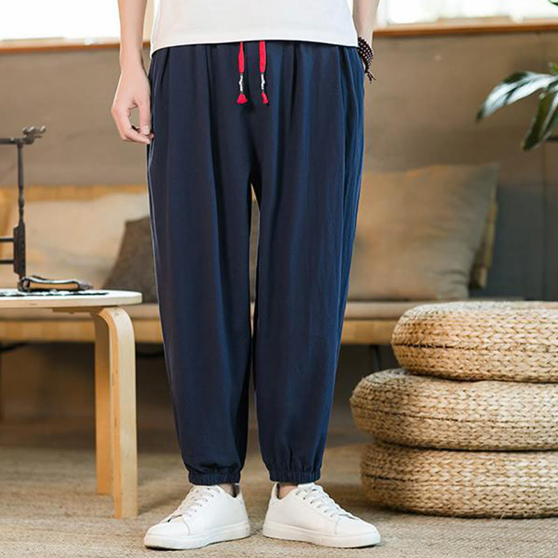Buddha Stones無地 レッド ドローストリング リネン メンズ パンツ ポケット付き - ダークブルー - US/UK/AU46、 EU56 (5XL)  - image 30