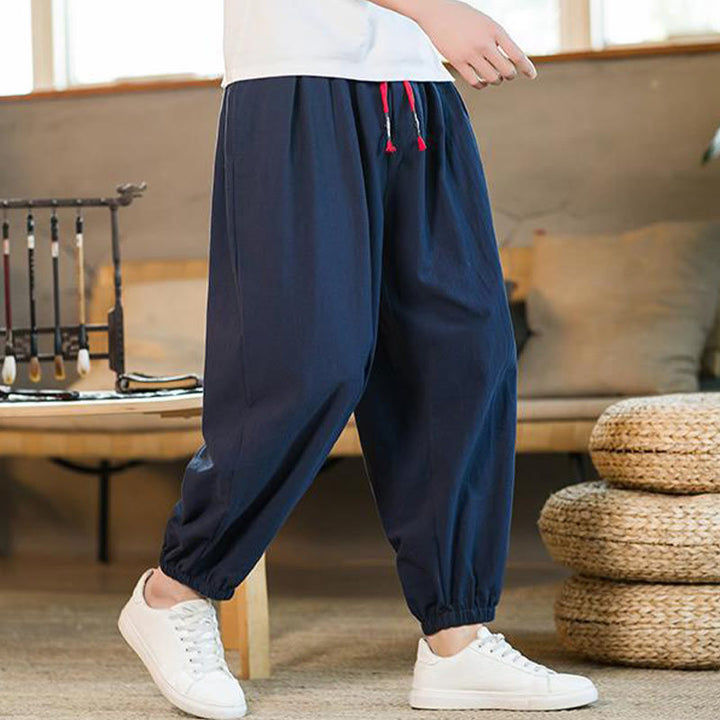 Buddha Stones無地 レッド ドローストリング リネン メンズ パンツ ポケット付き - image 33