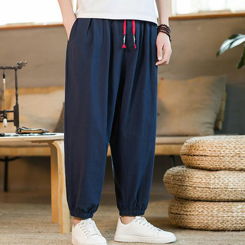Buddha Stones無地 レッド ドローストリング リネン メンズ パンツ ポケット付き - image 31