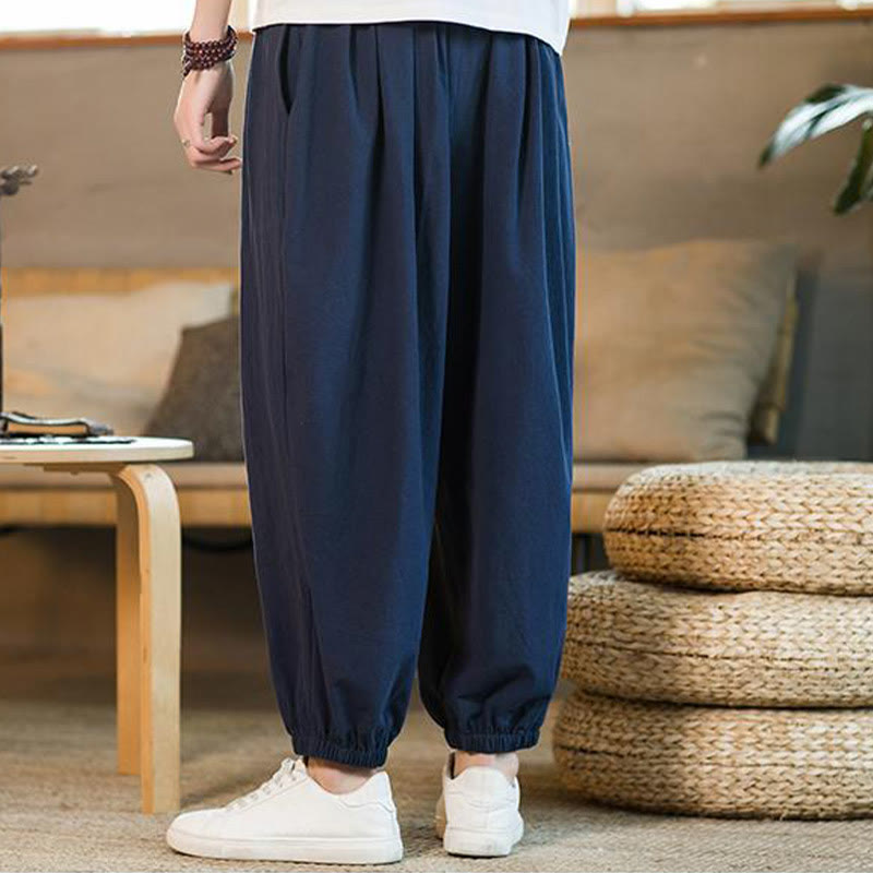 Buddha Stones無地 レッド ドローストリング リネン メンズ パンツ ポケット付き - image 38