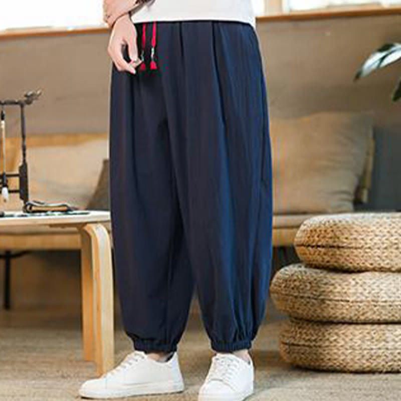 Buddha Stones無地 レッド ドローストリング リネン メンズ パンツ ポケット付き - image 32