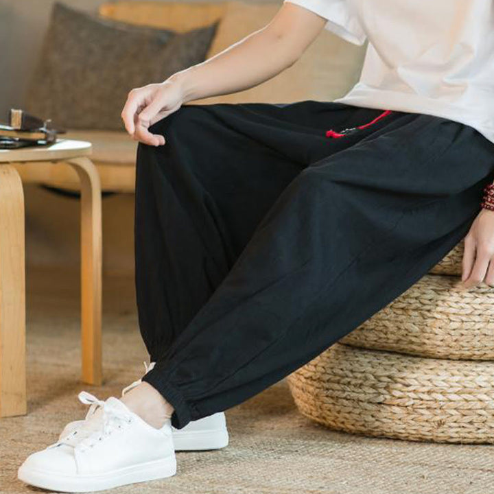 Buddha Stones無地 レッド ドローストリング リネン メンズ パンツ ポケット付き - image 21