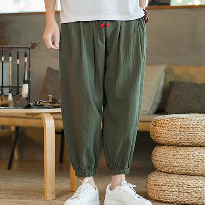 Buddha Stones無地 レッド ドローストリング リネン メンズ パンツ ポケット付き - image 1