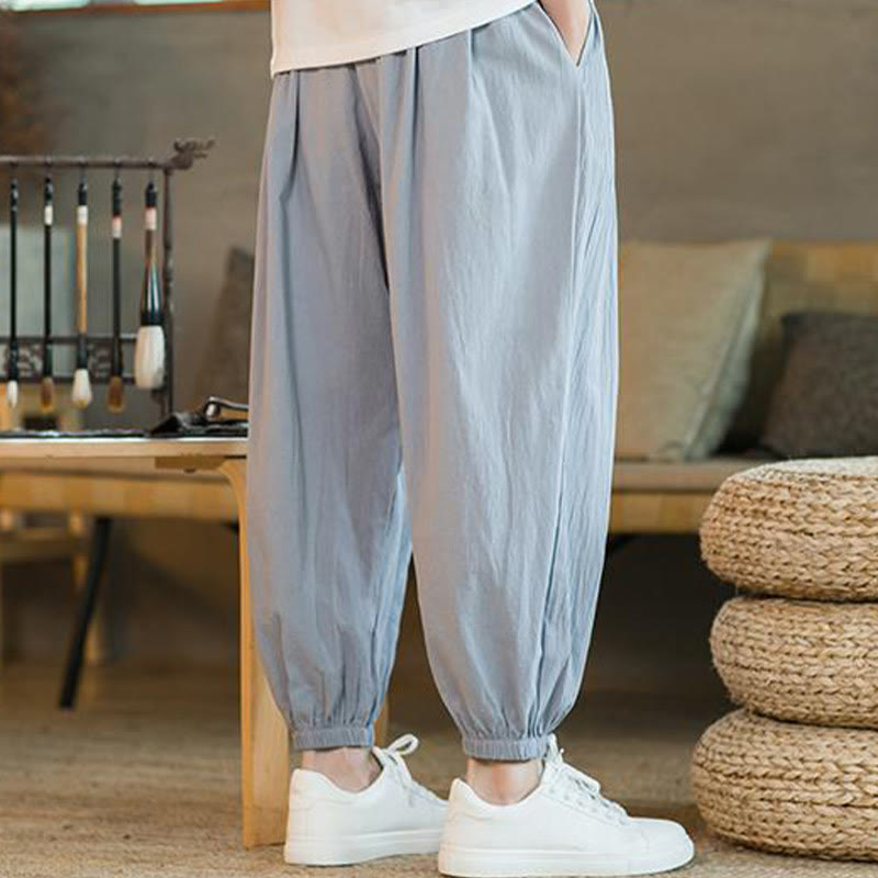 Buddha Stones無地 レッド ドローストリング リネン メンズ パンツ ポケット付き - image 29