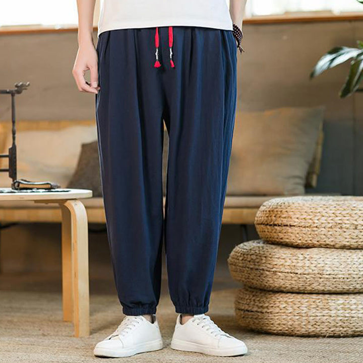 Buddha Stones無地 レッド ドローストリング リネン メンズ パンツ ポケット付き - ダークブルー - US/UK/AU46、 EU56 (5XL)  - image 30